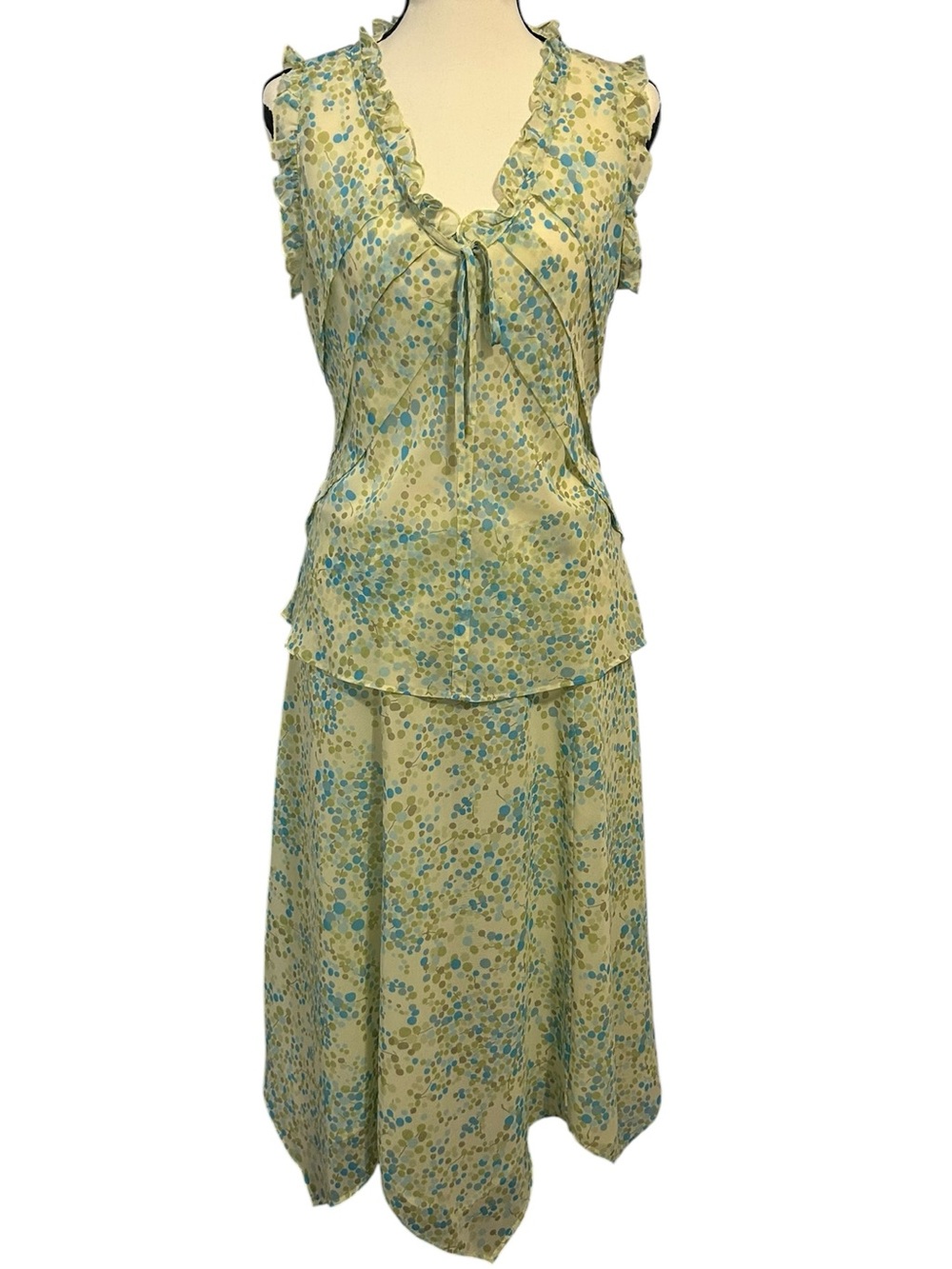 Apostrophe Y2K Yellow Blue Floral Dot Print Blouse Handkerchief Skirt Set Sz 10